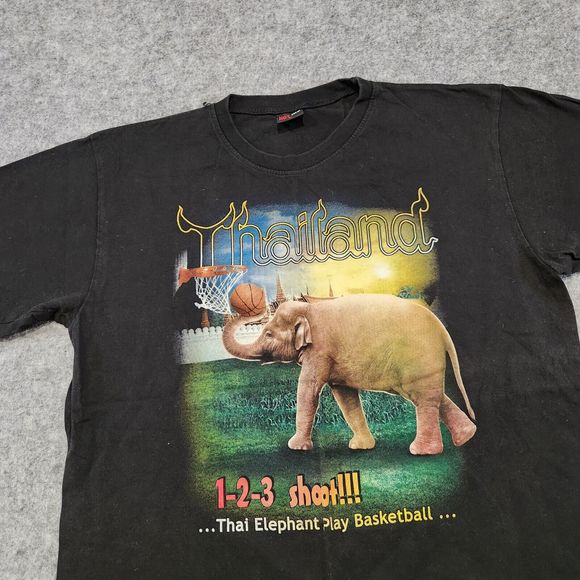VTG Thailand Elephant Playing Basketball Mens L Large Animal Graphic T Shirt - Picture 2 of 11